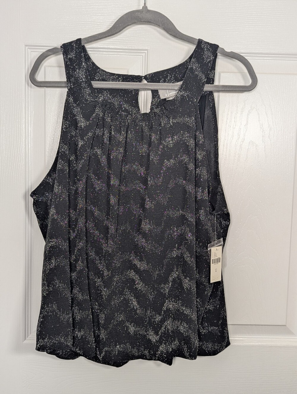 Anthropologie Carly Shimmer Top M NWT Black Silver Metallic Bubble Hem